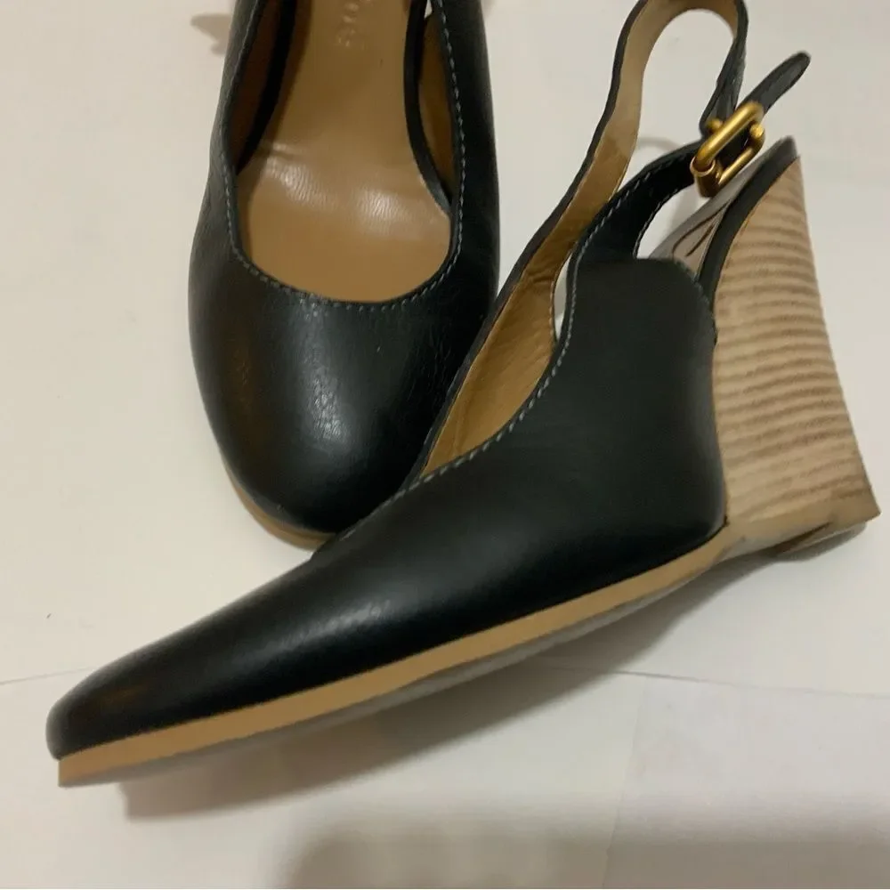 Chloé Leather Slingback Leather Wedge Ankle Pumps In Black 39.5 Italy